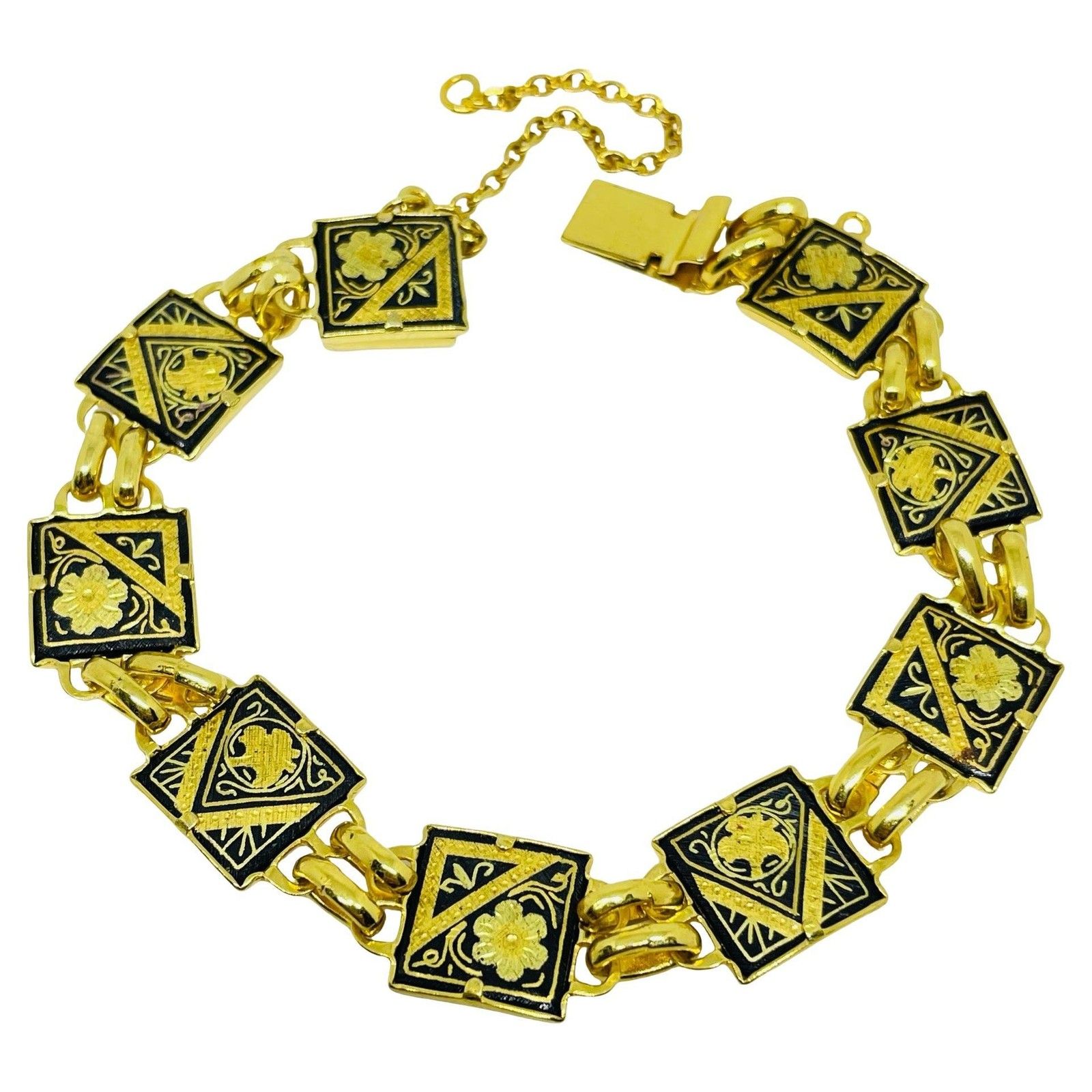 Vintage Spain Damascene Gold Tone Black Panel Link Designer Bracelet